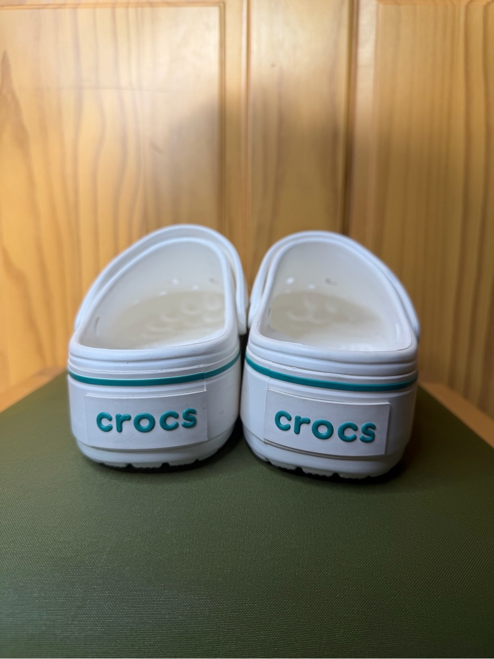 CROCS White Platform Clogs with Teal Stripe - Picture 2 of 5